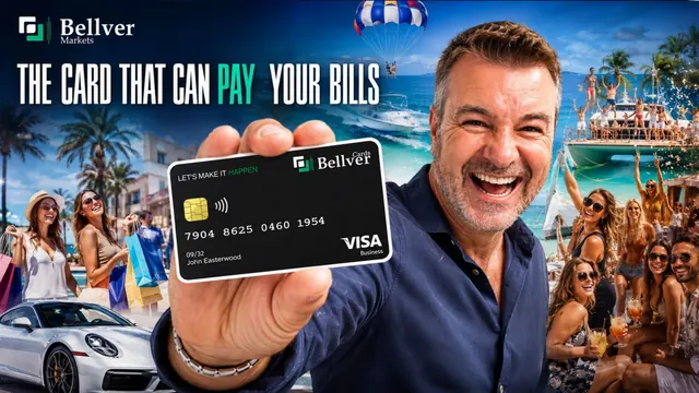 Man holding a black Bellver Card under the headline The card that can pay your bills