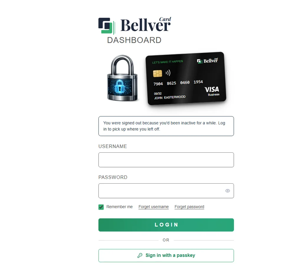 Bellver Card dashboard login page with username and password fields