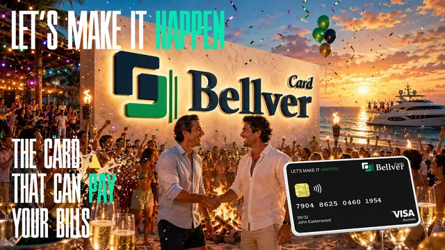 Beach celebration in front of a Bellver Card sign with the slogan Let's make it happen